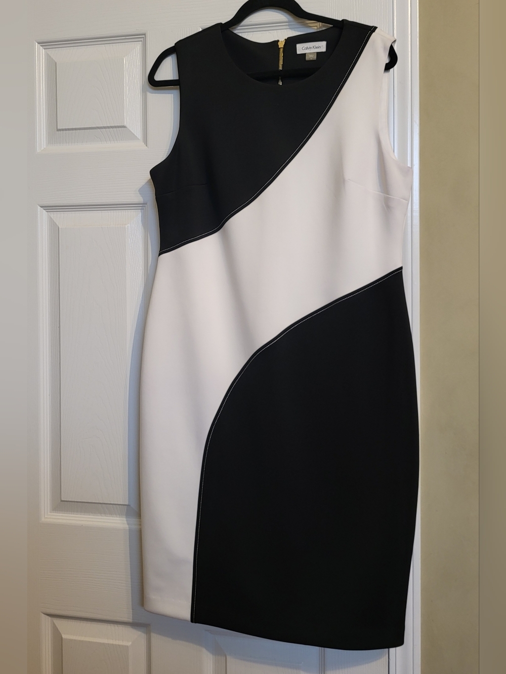 Calvin Klein Black and White Colorblock Midi Sheath Dress